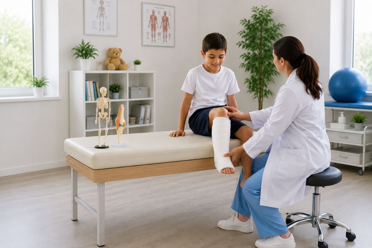 Enfant ayant reçu un plâtre au niveau de la jambe, la chirurgienne pédiatre venant de terminer la pose